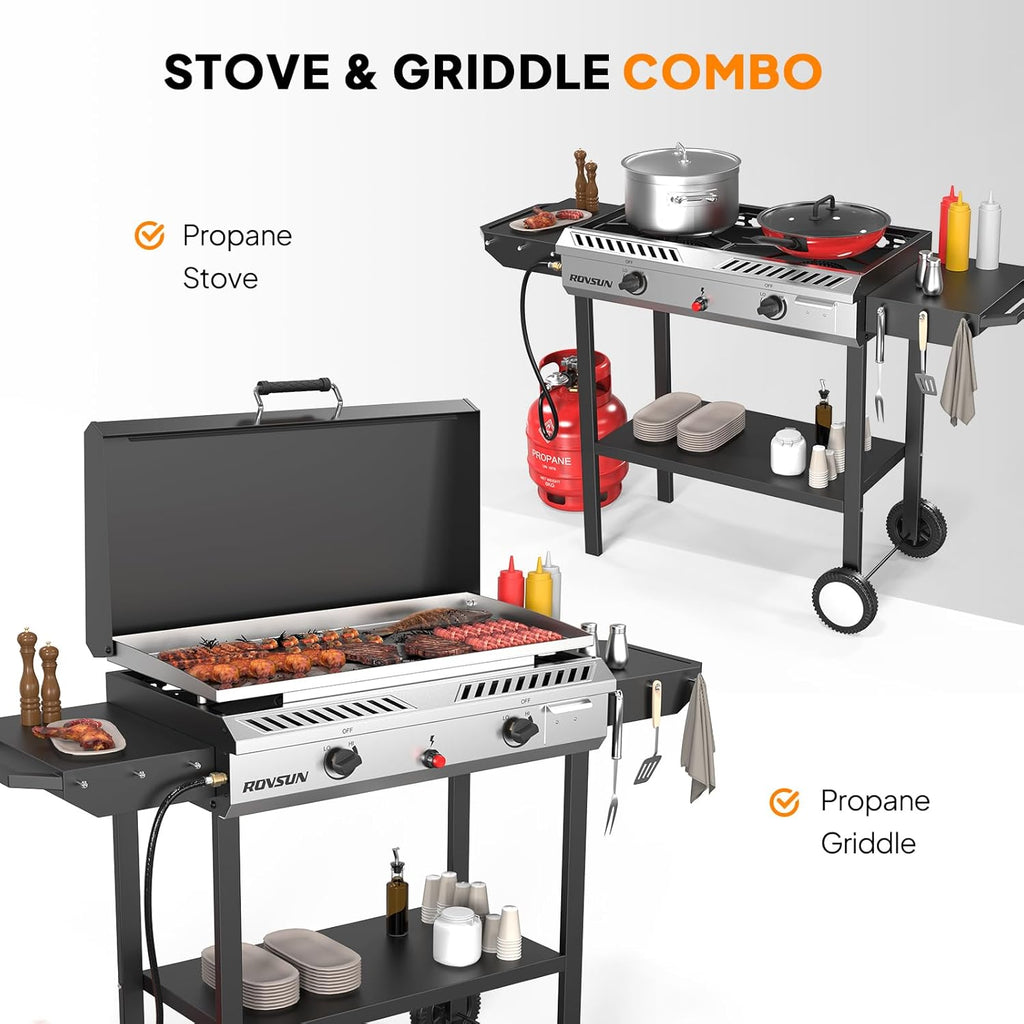 2 Burner Outdoor Propane Gas Stove with Griddle, Auto-ignition, Regulator & Side Shelves, 150,000 BTU Powerful Stand Cooker for Backyard Cooking Home Brewing Canning Frying Grilling