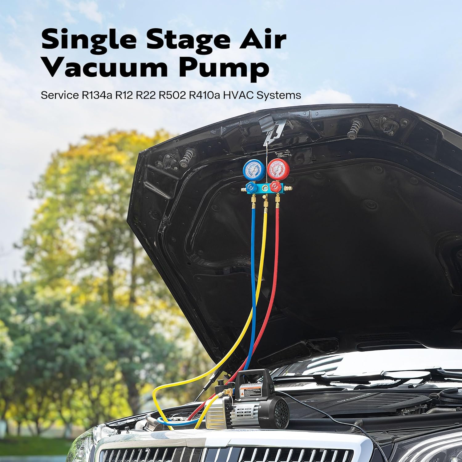 110V 1/4 HP 3.5CFM Single Stage Rotary Vane Air Vacuum Pump and AC Manifold Gauge Set Kit with Thermometer for R134a R12 R22 R502 R410a HVAC Air Conditioning Refrigeration Recharging Red