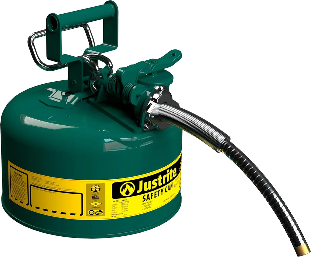 Justrite 5-Gallon Type II Red Safety Gas Can �� OSHA-Approved Steel Fuel Container with Flame Arrester, Self-Closing Lid & 1" Flexible Spout (7250130)