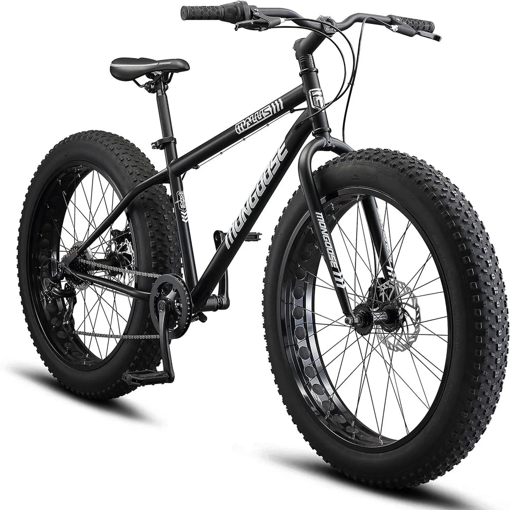 Malus Mens and Women Fat Tire Mountain Bike, 26-Inch Bicycle Wheels, 4-Inch Wide Knobby Tires, Steel Frame, 7 Speed Drivetrain, Shimano Rear Derailleur, Disc Brakes