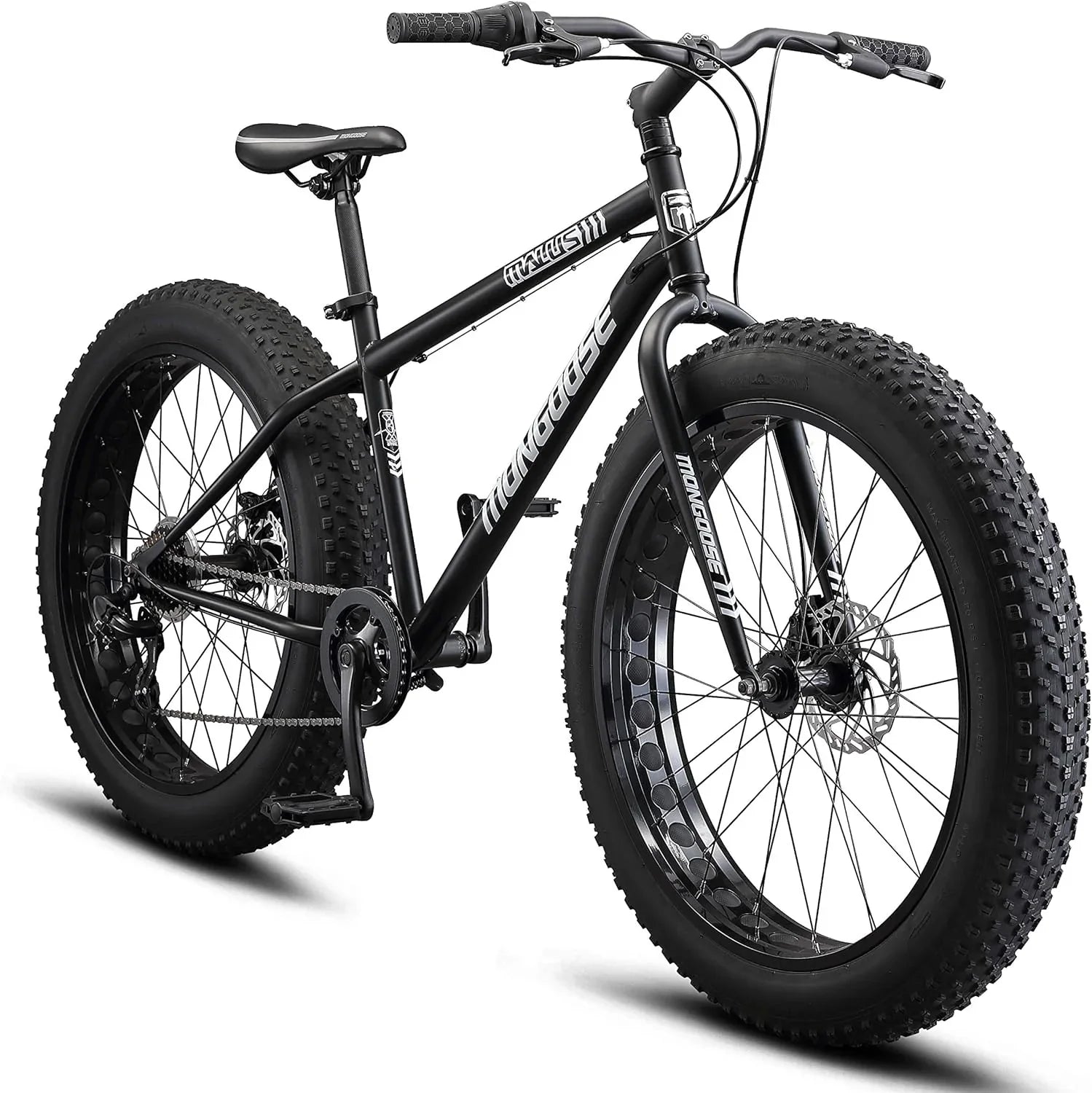 Malus Mens and Women Fat Tire Mountain Bike, 26-Inch Bicycle Wheels, 4-Inch Wide Knobby Tires, Steel Frame, 7 Speed Drivetrain, Shimano Rear Derailleur, Disc Brakes