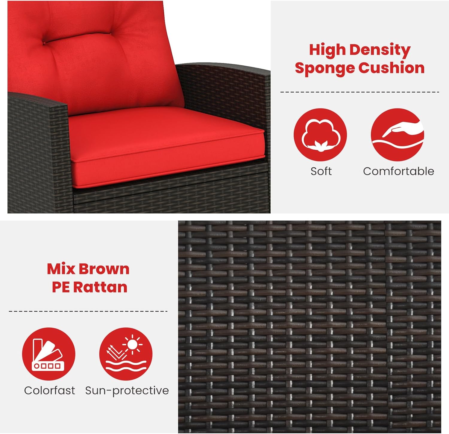 3 Pieces Patio Furniture Set, Outdoor Wicker Rocking Chairs with Soft Cushions, Glass Coffee Table, Rattan Conversation Bistro Rocker Set for Front Porch Balcony Garden Deck Poolside (Red)