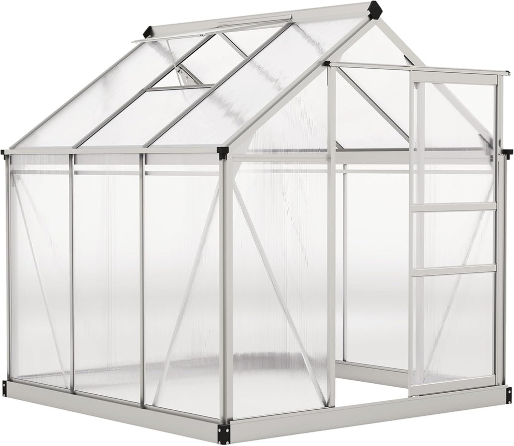 Outsunny 6' x 6' x 6.6' Polycarbonate Greenhouse, Walk-in Green House Kit Garden, Plants Grow, Galvanized Sheet Aluminum Frame with Rain Gutter, Vent and Sliding Door, Grey