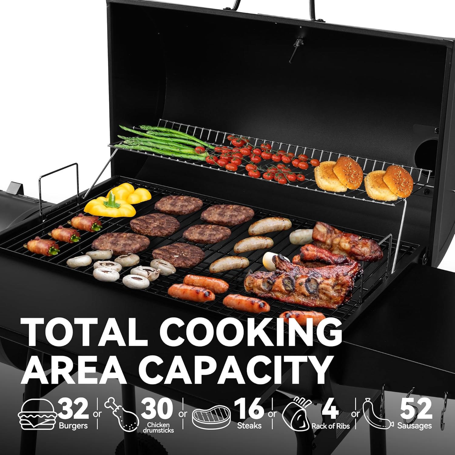 Gourmet BBQ Charcoal Grill and Offset Smoker, 30'' L, 800 Square Inch, Outdoor for Camping, Black