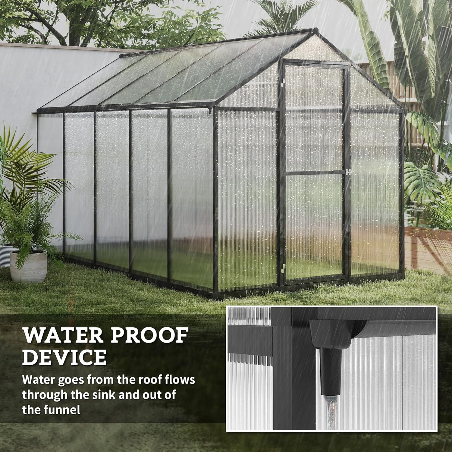 6' x 8' x 6.4' Polycarbonate Greenhouse, Aluminum Walk-in Green House Kit Garden, Plants Grow with Rain Gutter and Roof Vent