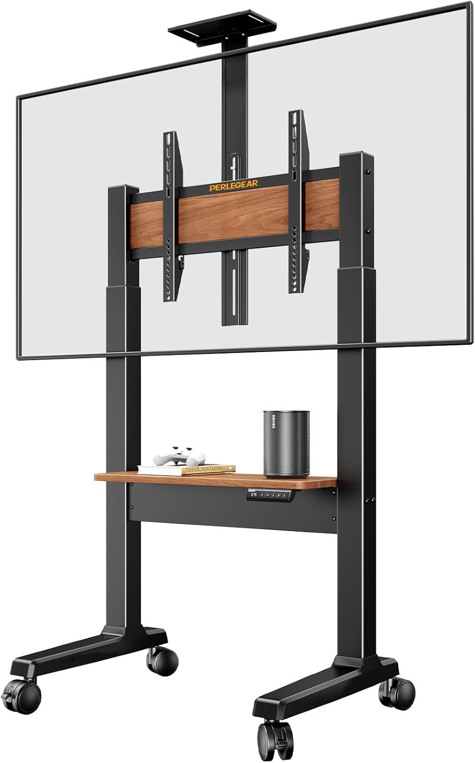 Motorized Mobile TV Stand on Wheels for 37–86 Inch TVs up to 154 lbs, Electric Height Adjustable Rolling TV Stand, VESA 200x200–600x400mm, Wooden Shelf & Panel,
