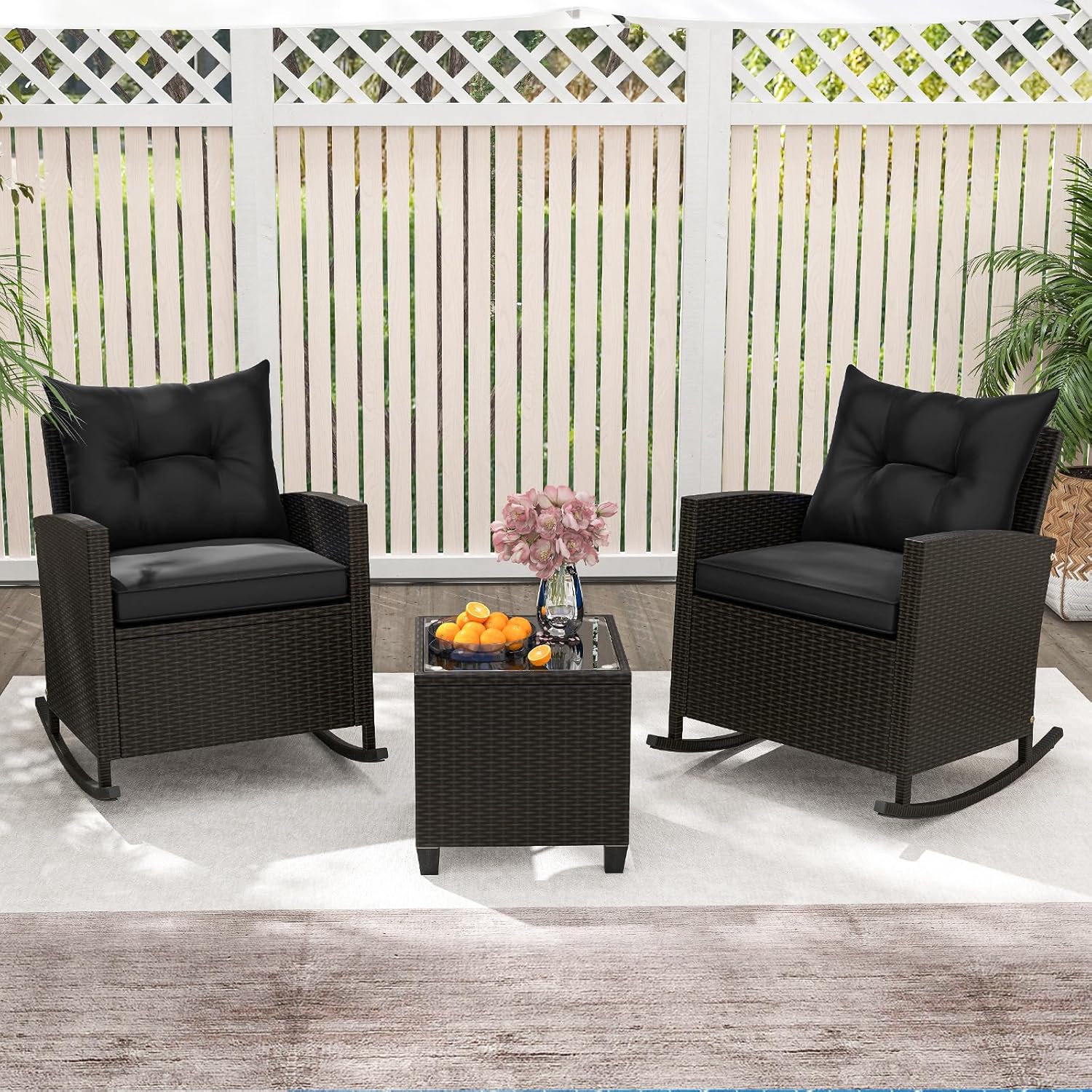 3 Pieces Patio Furniture Set, Outdoor Wicker Rocking Chairs with Soft Cushions, Glass Coffee Table, Rattan Conversation Bistro Rocker Set for Front Porch Balcony Garden Deck Poolside (Red)