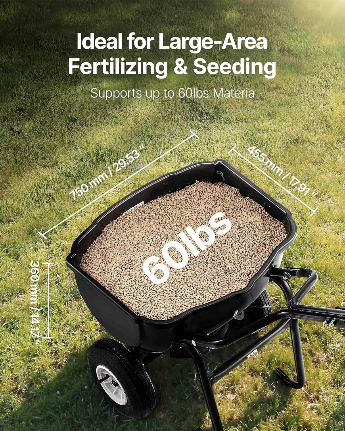 Broadcast Spreader, 60LBS Capacity, Walk-Behind Push Spreader, 0-9.8 ft Spreading Width, 10 in All Terrain Pneumatic Tires, Lawn Spreaders with Hopper Grate, for Seed, Fertilizer, Salt, Ice Melt